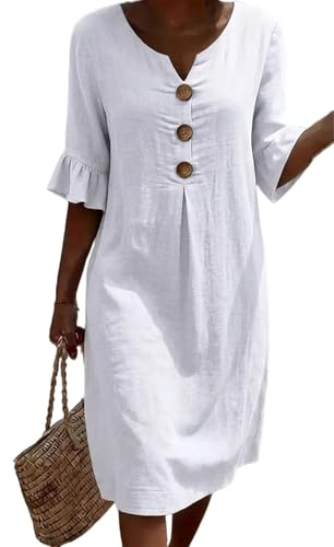 Robe décontractée à col en V, Manches à Volants et Boutons, Style Plage, Fluide, Manches Courtes, été, Ample, en Coton et Lin