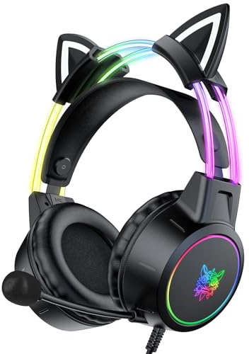 ONITOON Lightweight Gaming Headset, RGB Lighting, Wired Over Ear Headphones with Mic for PC Laptop PS4 PS5 Switch, Stereo Surround Sound, Self-Adjusting Headband, Black Cat Ear