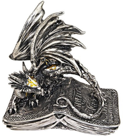 Design Toscano Pendragon Guarding the Codex Dragon Statue, Polyresin, Silver Chrome, 15 cm