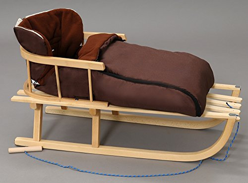 Holzschlitten 90cm Klassischer Rodelschlitten aus Buchenholz mit Rückenlehne und Winterfußsack 90cm in Braun – Komplettset inkl. Zugleine & Gurt (Braun)