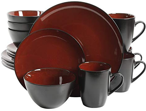 Gibson Elite Soho Lounge Round Reactive Glaze Stoneware Dinnerware Set, Service for Four (16pcs), Red