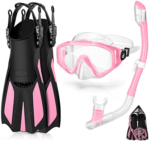 Odoland Kids Snorkeling Packages Snorkel Set, Anti-Fog and Anti-Leak Dry Top Snorkel Mask with Adjustable Swim Fins for Boys and Girls Age 7-14 Pink