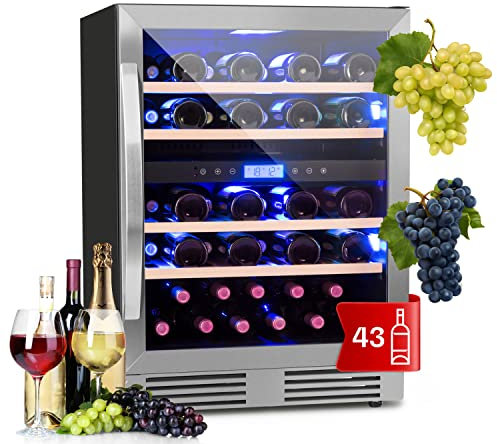 KLARSTEIN Cantinetta Vino Design da Incasso, Cantinetta Vino Refrigerata a Zona Doppia per Vino Rosso, Bianco e Birra, Controlli Touch, Frigo Vino Cantinetta per Esterno/Interno, 129L, 43 Bottiglie