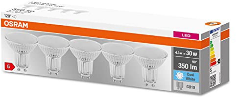 OSRAM LED BASE PAR16 50, Reflektor LED-Lampen aus Glas für GU10 Sockel, Kaltweiß (4000K), Ersatz für herkömmliche 50W-Spotlampen, 5 Stück (1er Pack)