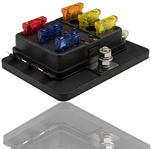 FanPaYY 6 Vie Portafusibili Scatola 12V-32V, Porta Fusibili Distributore Corrente con indicatore e Coperchio di Protezione, Portafusibile Lama per Auto, Barca, SUV, Camper, Moto