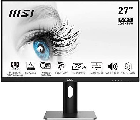 MSI PRO MP273QP Monitor Home & Business 27” WQHD - Pannello IPS 2560 x 1440, 75 Hz, Schermo Eye-Friendly, Montaggio VESA, Speaker integrati, Display Kit Support - 2x HDMI 1.4b, DP 1.2a