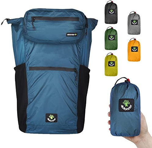 4Monster Faltbarer Rucksack Ultra Leicht, Unisex Tagesrucksack Outdoor, 2in1 Gürteltasche, Wasserdichter Wanderrucksack (Blau,32L)