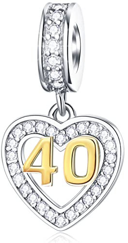 40th Anniversary Charms passen meine erste Pandora Muttertag Armband, 18K goldene Zahl 40 Dangle, 925 Sterling Silber 40th Geburtstag Herz Halskette Perlen mit CZ, Geschenke für Mama/Damen/Freunde
