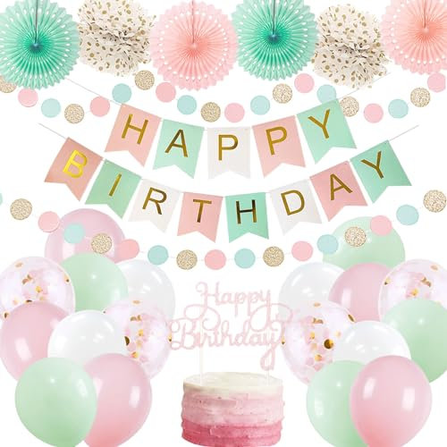 Mint Rosa Geburtstagsdeko Happy Birthday Girlande Hellrosa Torten Deko Papier Pompons Mintgrün Pastellfarben Luftballons Mintgrün Geburtstag 29 Stk. Party Dekoration für Mädchen Frauen