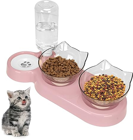 TOWEAR Lutad 15° Kattskål, Avtagbar Justerbar Kattmatskål med Stativ, Flytande Kattvattenskål med Gravitetsvattenmatare, Anti-spill Matmatare för Katt och Valp (rosa)