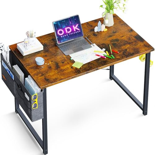 ODK Schreibtisch, Computertisch Bürotisch mit Kopfhörer Halter, Schreibtisch Klein Arbeitszimmer Holz PC Tisch Officetisch für Home, Office (Braun, 80×40cm)