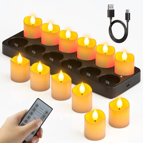 SoulBay Rechargeable Tea Lights, 12pcs Rechargeable Battery Flameless Electric LED Tealights Candles with Remote Timer Flickering with Charging Base for Home Room Table Halloween Christmas Decorations