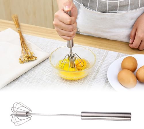 Halbautomatischer Schneebesen aus Edelstahl, Schneebesen Edelstahl, Stainless Steel Hand Push Easy Whisk Drehbarer Push Mixer Rührer zum Schneebesen, Schlagen, Rühren(Mittlere Größe)