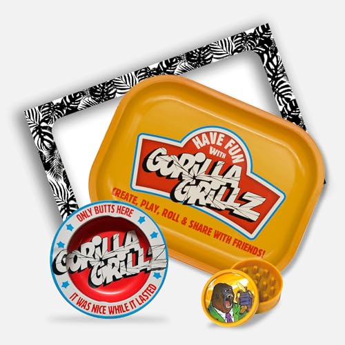 Gorilla Grillz® Rökningssats – komplett rullbricka med askfat och biologiskt nedbrytbar kvarn – perfekt present till rökare – rökarpaket med olika tillbehör (Gorilla)