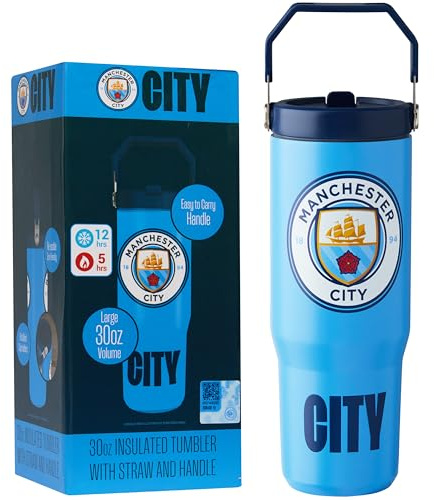 Get Trend Manchester City Gourde 850ml, 30 oz, Bouteille Isotherme en Acier Inoxydable avec Paille et Poignée, Étanche, pour Boisson Chaude et Froide