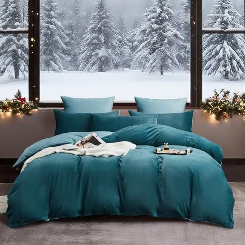 YASMENG Ropa de cama de franela de invierno de 200 x 220 cm, color azul petróleo, cálida y acogedora, ropa de cama de franela para invierno, mullida, de terciopelo, reversible, 3 piezas con cremallera