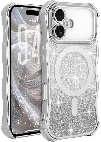 Wirvyuer for iPhone 17 Curly Wave Frame Magnetic Case, Compatible with Magsafe with Removable Glitter Sparkly Card Cover, Clear Shockproof Anti-scratch Phone Case for Women Girls, Silver