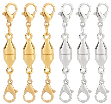 6pcs Magnetic Necklace Clasps and Closures, with Double Lobster Clasp Jewelry Extenders for Jewelry Making Necklace & Bracelet (Gold & Silver)