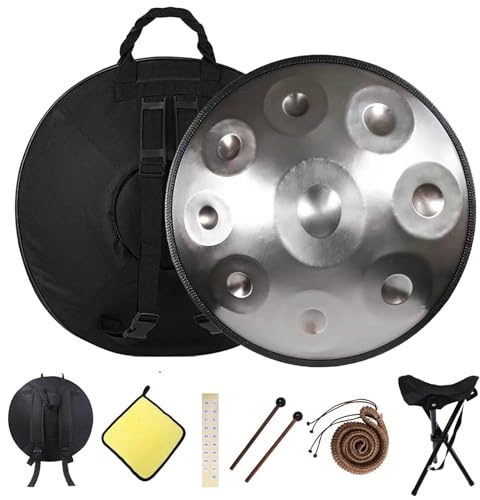 Handpan Kurd de 55,8 cm, Handpan de 432Hz 440Hz para Adultos, Re Menor - Hand Pan de 9/10/12 Notas con Bolsa Blanda, Baquetas, Soporte, Instrumento de Tambor de Acero(Silver,432HZ/9Note)