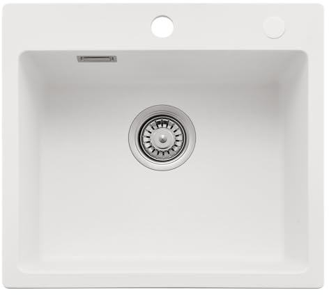 CECIPA Lavello bianco 50 x 45 cm, lavello da cucina in granito, 1 vasca da incasso, 80% sabbia di quarzo con sifone e troppopieno