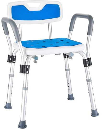 Modundry Sedia per Doccia per Anziani e Disabili, Sgabello Doccia con Braccioli e Schienale Rimovibile, Sedile per Vasca da Bagno Antiscivolo Regolabile in Altezza, portata fino a 150 Kg, Blu
