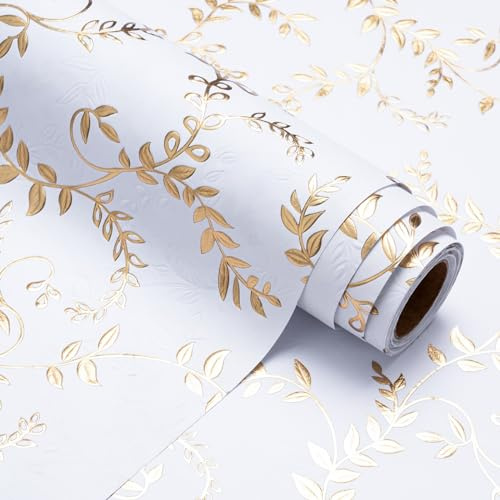 RUSPEPA Rotolo Di Carta Da Regalo Kraft 3D - Mini Rotolo - 43,2Cm X 5M - Design Foglie Oro E Bianco Con Rilievo Perfetto Per Compleanni Matrimoni Baby Shower