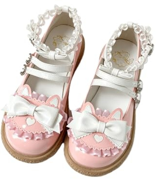 Jemnpela Mary Jane-skor för kvinnor, Lolita, JK, platta skor med rosett, spets, rund tå-spänne, söt Kawaii vardagliga pumpar för dejter, bröllop, cosplay, skola, resefest, Stil6 Rosa, 37.5 EU
