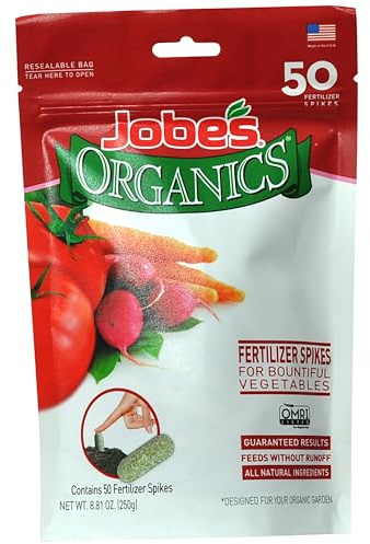 Jobe’s Organics Garden Fertilizer Spikes, Easy Plant Care Fertilizer for Vegetable Gardens and Tomato Plants, 50 Count