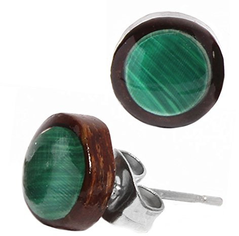 CHICNET Ohrstecker Unisex 8 mm aus Holz und Edelstahl mit Muschelstein, Holzschmuck Stern, Abalone-Piercing für Damen und Herren, Holzohrringe mit weißer Perlmutt-Muschel, braunes Geschenk