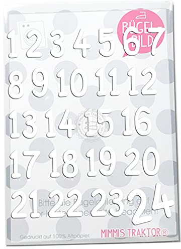 Bügelbild Adventkalender Zahlen 1-24 Flockfolie Aufbügler Applikationen Bügelsticker für Stoffe Textilien Kinder zum Aufbügeln Flicken, Farbe:weiss