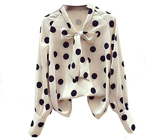 CWENROU Chemises Décontractées pour Femmes - Mode Dames Printemps Et Été Rétro Casual Style Chemise Élégante Noeud Papillon Col À Pois Impression Blouse Beige Extérieur Élégant Fête D’Affaires
