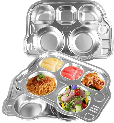 ZEAYEA 3 Pack Stainless Steel Divided Plates Tray, 304 Stainless Car Shape Divided Platter, 5 Sections Dinner Plates for Adults,Kids, Picky Eaters, Campers, and Portion Control