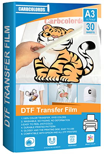 Carbcolords DTF Película de transferencia, pretratamiento transparente brillante, papel de transferencia de calor PET de alta calidad para impresión directa DYI en camisetas, colores, textiles y toda
