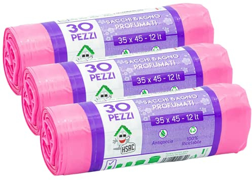 90 Sacchetti bagno, sacchi immondizia ROSA, sacchetti spazzatura PROFUMATI per cestino bagno, sacchetti plastica pattumiera buste spazzatura Piccola - sacchetti immondizia piccoli 35x45cm (90)