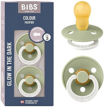 BIBS Colour Night Glow in The Dark Soother 2-Pack, BPA Free Dummy Pacifier, Round Nipple. Natural Rubber Latex, Made in Denmark, Size 3 (18+ Months), Sage Glow
