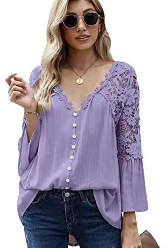 Blusa Pizzo Donna Elegante Chiffon Scollo V Bluse Donna Blouses Camicetta Camicette Donna Top Maniche Lunghe Donna Tunica Blusas Oversize Camicia Maniche Sbuffo Camicie Casual Donna Larghe Viola XL