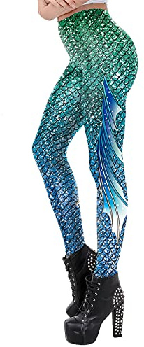 Halloween Leggings Femme 3D Taille Haute Legging Élastique Extensible de Sport Legging Motif Sirène Tête de Mort Galaxy Citrouille Carnaval - S
