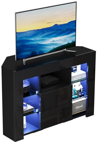 Dripex Mobile TV ad Angolo con Luci LED, Mobile Porta Televisore con Ripiani di Vetro Aperti, 2 Scomparti con Ante 100x68x40 cm, Nero
