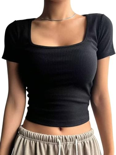 Square Neck Crop Tops for Women Ribbed Knit Summer Top Short Sleeve T-Shirts Casual Skims Duped Shapewear T Shirt (Meduim, Black)