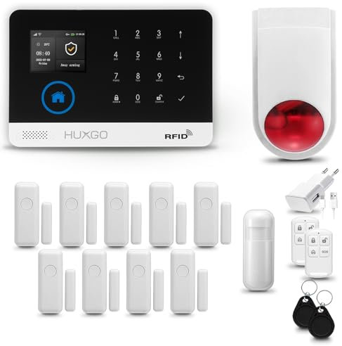 HUXGO® HXA003 Funk Alarmanlage Set WiFi + GSM 4G LTE mit Alarmsirene Solar | Alarm System mit Bewegungsmelder, 9X Fensteralarm/Türsensoren | Alarmanlage fürs Haus, Wohnung, Wohnmobil | Smart Home