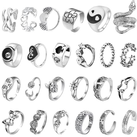 DAZZLUXE 24 st. vintage ringar Vintage fingerringar Silver ring set Justerbara ringar Unisex ringar Punk ringar Gotiska ringar Ormringar Justerbara coola gotiska staplingsringar, metall