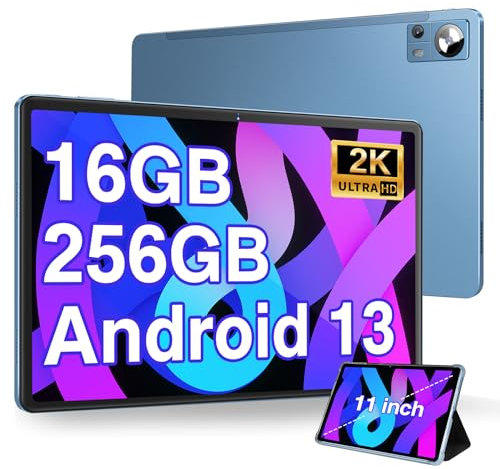 Tablet 11 Pulgadas Android 13 con 16GB RAM 256GB ROM(1TB Ampliable), 2K FHD Tablets con Triple Cámara(13MP+5MP+2MP), 8 Cores, 2.0 GHz, IPS 2000 * 1200, 5G Wi-Fi, Batería 8600 mAh, BT 5.0, GPS, Azul