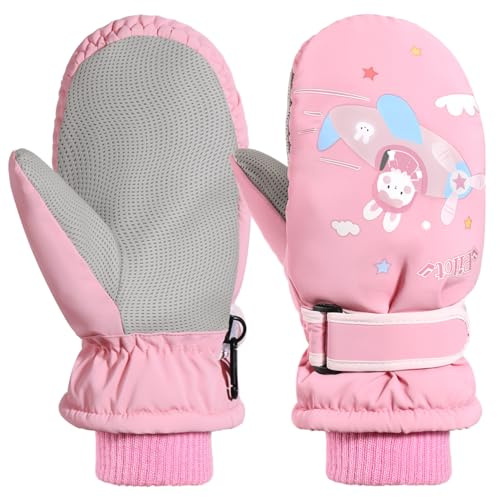 Rhino Valley Guantes de Esquí para Niños, Manoplas de Nieve Impermeables para Niños, Guantes de Invierno Cálidas con Cinta Ajustable, Guantes de Nieve para Niñas al Aire Libre y Snowboard, M, Rosa