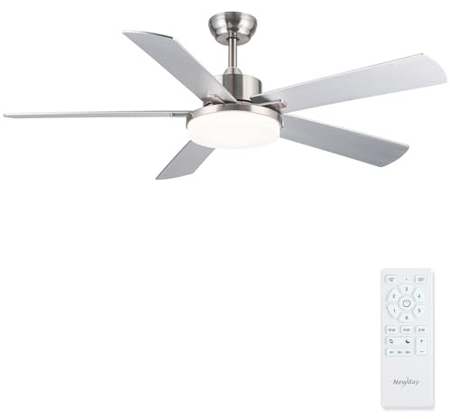 Newday 132cm Ventilatore da Soffitto con Luce e Telecomando Argento, Réversible 5 Pala Soffitto con Luce Dimmerabile, Ventola Soffitto Grande Silenzioso per Soggiorno Camera da Letto Cucina Terrazza