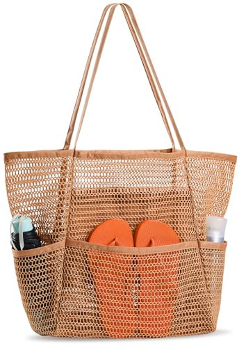 Haiane Strandtasche XXL Familie, Netztasche Einkaufstasche Mit Reißverschluss Innentasche, Faltbare Mesh Badetasche Damen, Saunatasche für Urlaub Sauna Sport Einkaufen Strand