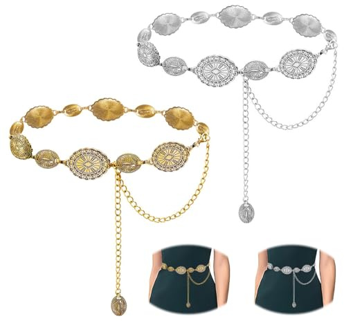 XTUDOU® 2 Pezzi Concho In Metallo, Cintura Gioiello Donna, Cintura Oro, Cintura Catena Donna Regolabile per Abiti, Jeans, Maglioni, Tailleur