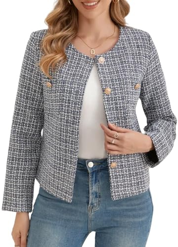 AUKLETBLIEF Chaqueta Tweed Blazer para mujer, manga larga, grande, cuello redondo, abrigo informal de negocios, elegante y cómodo para cualquier ocasión, azul, XL