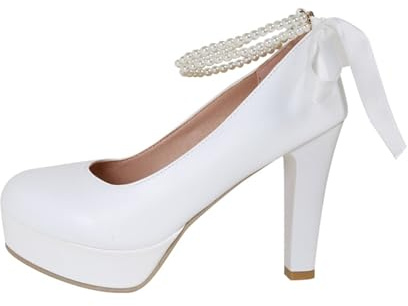 Pumps, scarpe da sposa da donna Chunky, con piedi larghi, stile Dirndl, eleganti con tacco, scarpe da ballo estive, comode da donna, con tacco alto, bianco, 41 EU