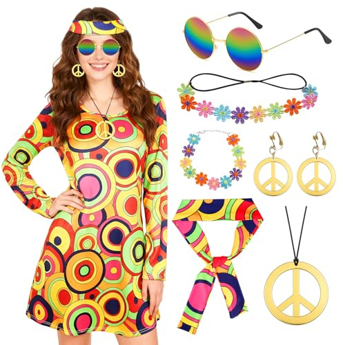 Okabay 8PCS 70s Fancy Dress Women Set, 70s Hippie Dress Costumes Necklace Earrings Sunglass Women Disco Outfit, 60s Party Costume, Womens Hippie Costume for Carnival Cosplay Party (03, XL)