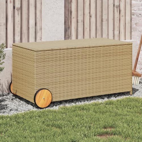 Frdhee Scatola Di Ponte, Panca Contenitore Contenitore da Giardino con Ruote Beige Misto 190L Polyrattan Per Cortile Anteriore Portico Giardino Balcone